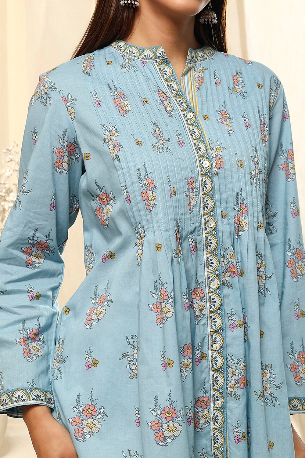 Dull Blue Floral Cotton Shirt-Style Short Kurta image number 1