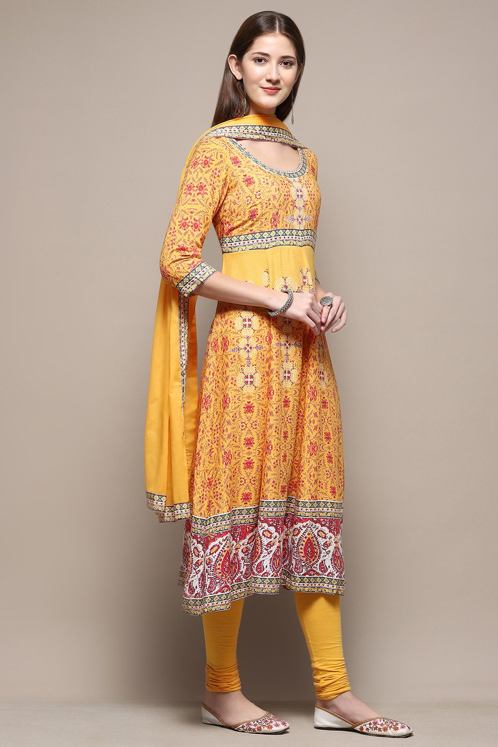 Yellow Rayon Anarkali Kurta Churidar Suit Set image number 6