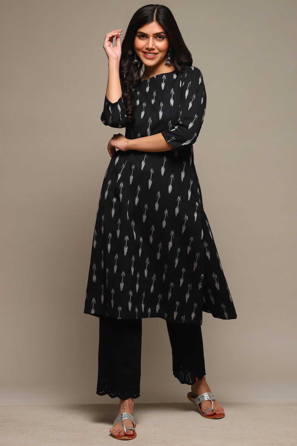 Black Cotton IKAT Flared Yarndyed Kurta image number 0