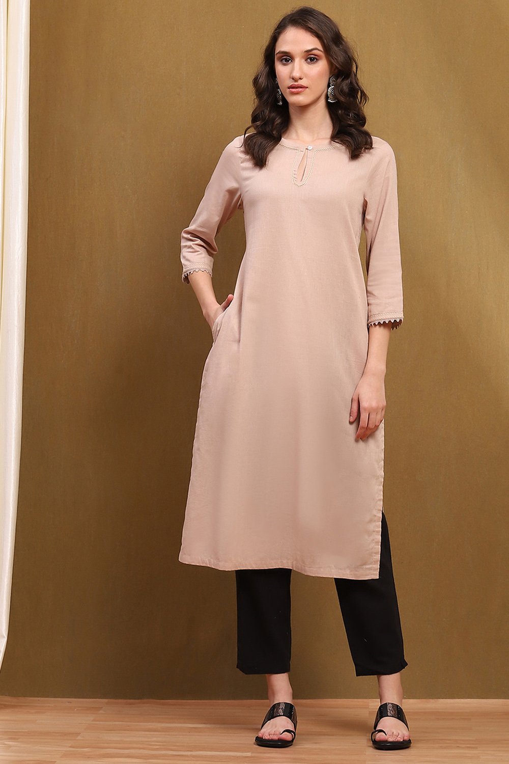 Beige Cotton Blend Solid Straight Kurta image number 5