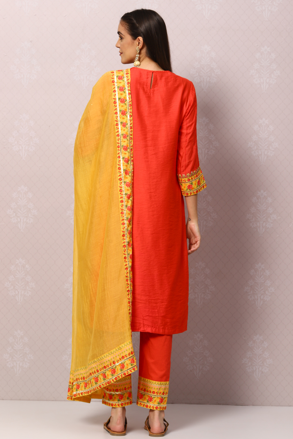 Coral Red And Yellow Cotton Viscose Straight Suit Set image number 4