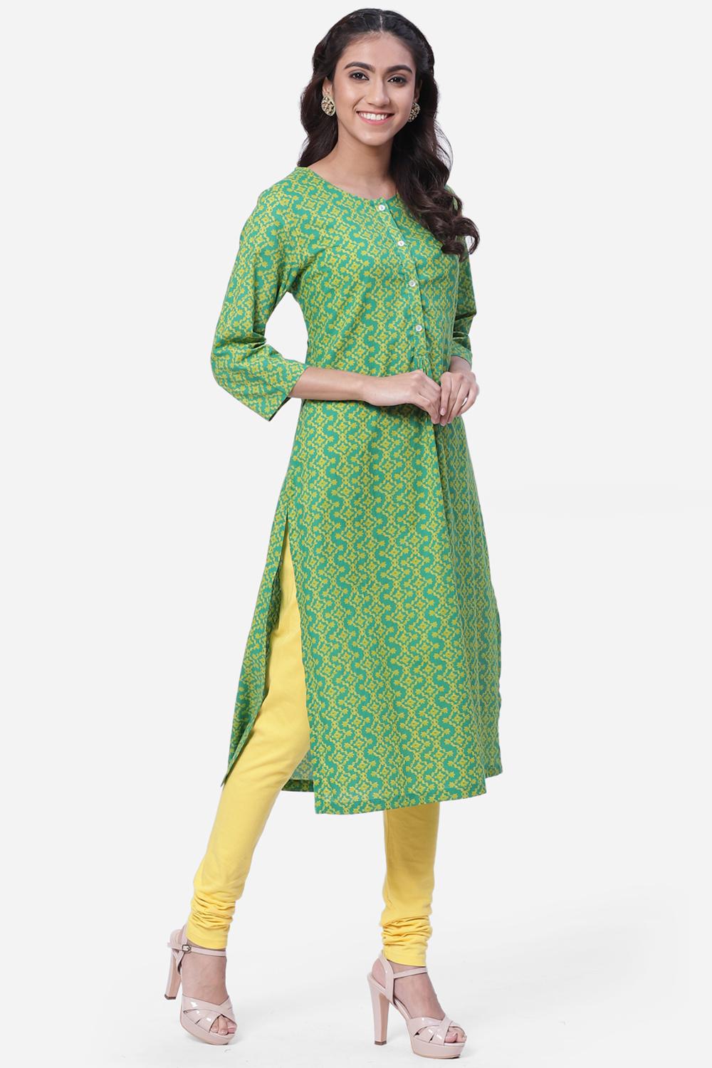 Green Cotton A-Line Printed Kurta image number 3