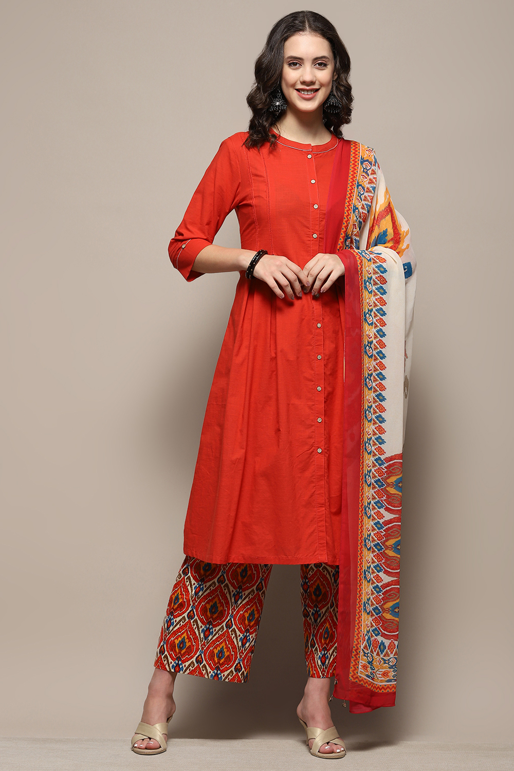 Orange Cotton Pleated Kalidar Suit Set image number 8