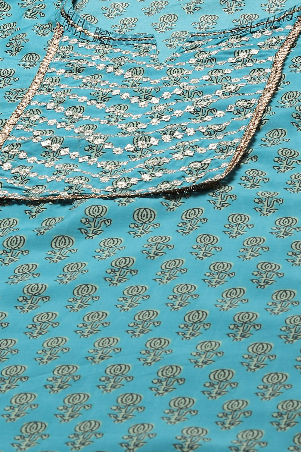 Turquoise Poly Musin Straight Printed Kurta Palazzo Suit Set image number 1
