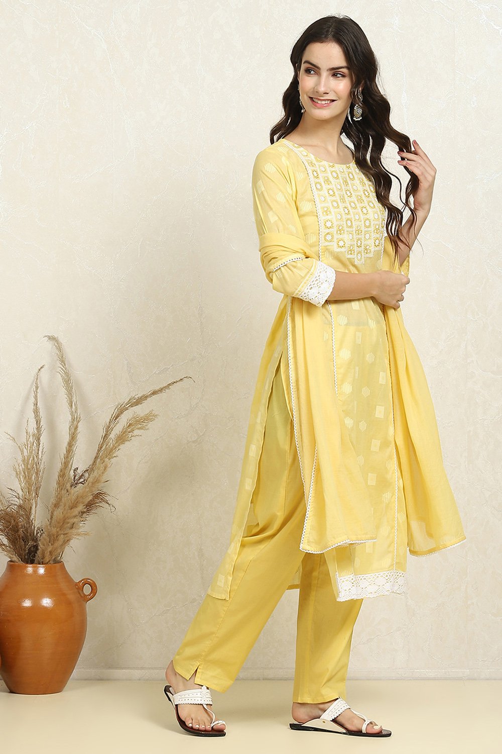 Yellow Cotton Handloom Unstitched Suit Set image number 6