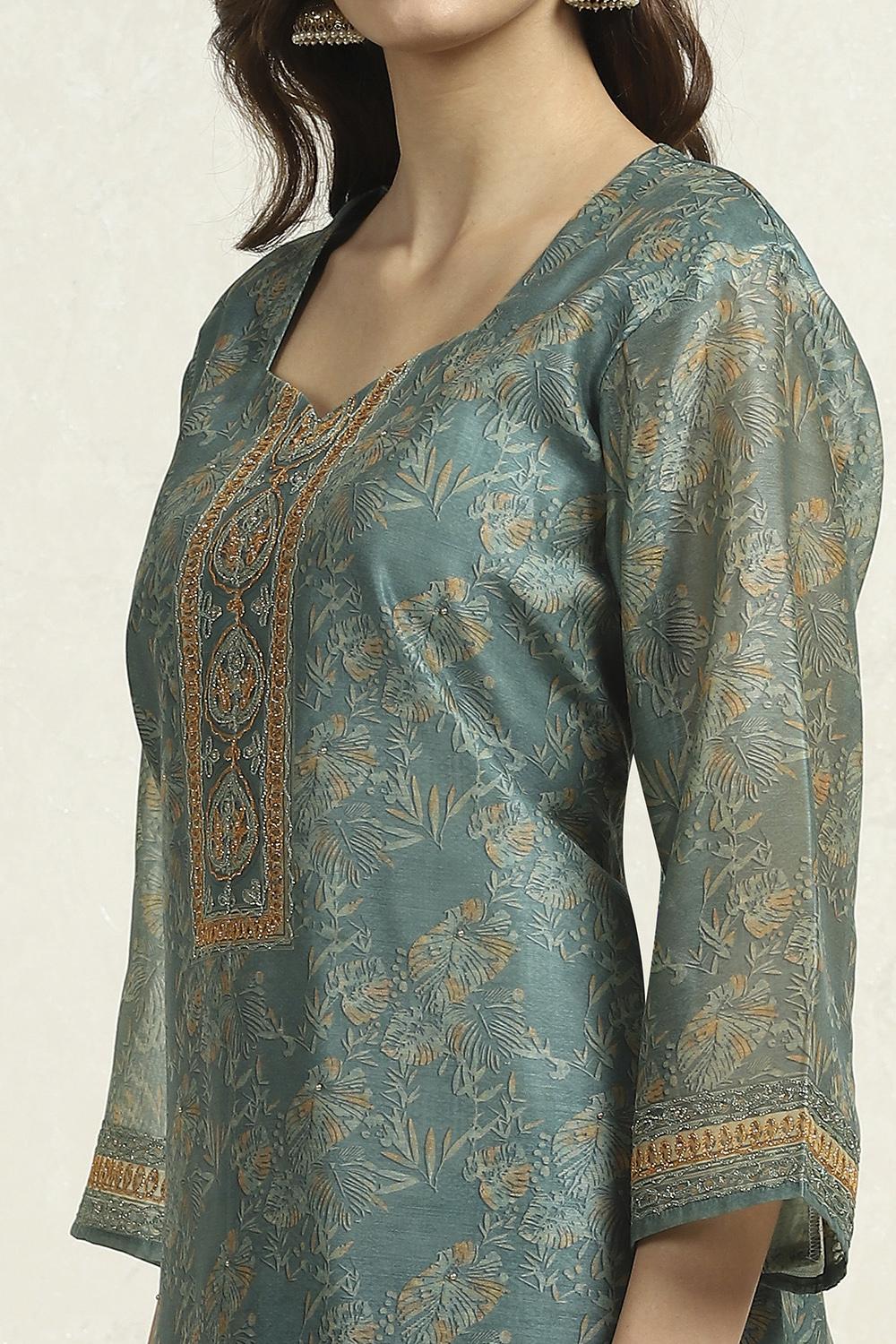 Grey Chanderi Printed Unstitched Suit Set image number 2