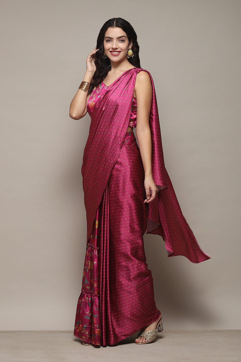 Plum Pre-Draped Saree & A Stitched Blouse With Floral Prints image number 3