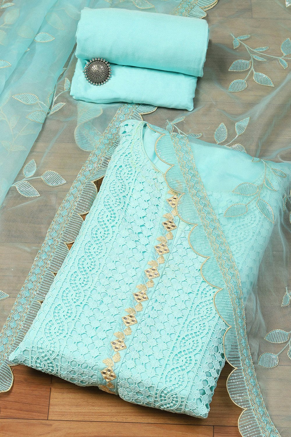 Light Green Muslin Lace Unstitched Suit Set image number 0