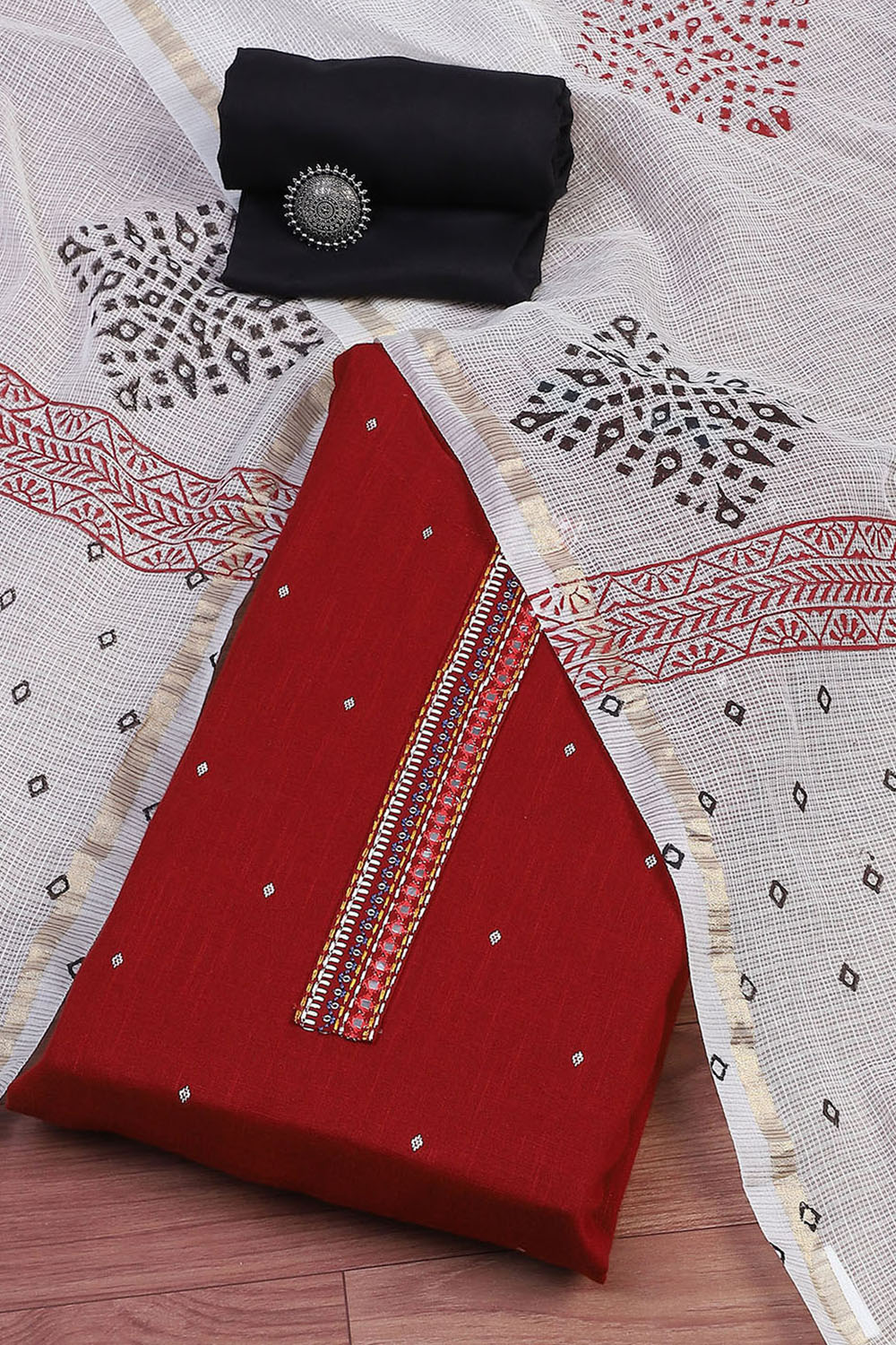 Red Cotton Handloom Unstitched Suit Set image number 0