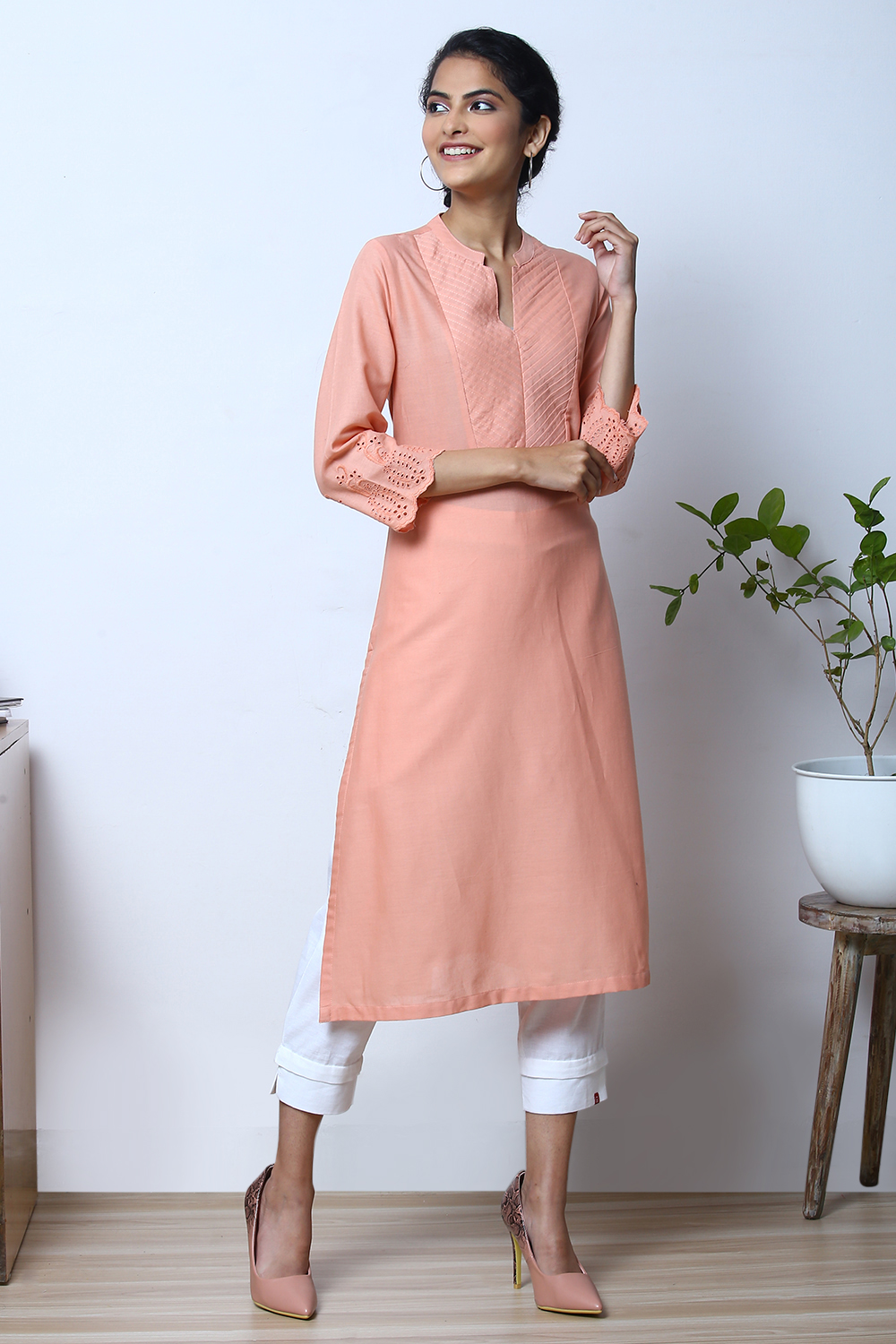 Peach Cotton Flax Kurta image number 4