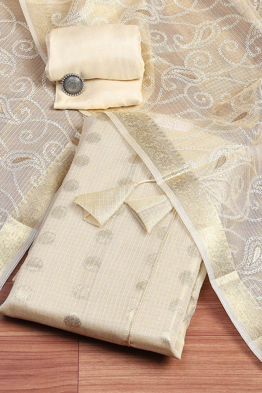 Beige Tissue Woven Design Unstitched Suit Set image number 0