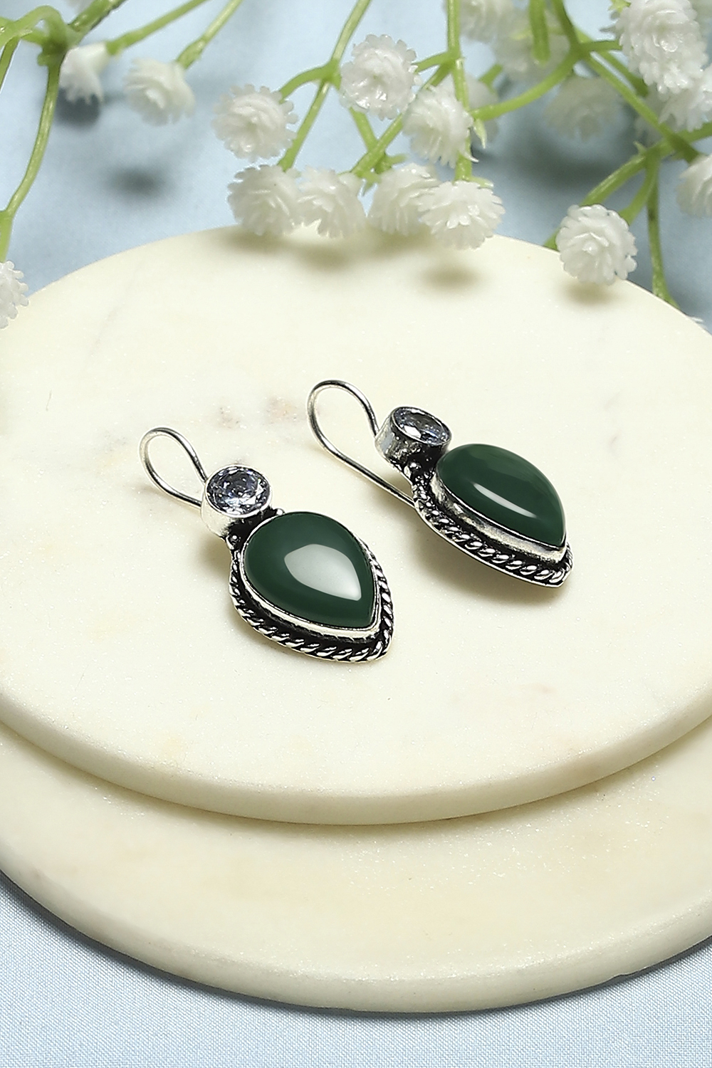 Green Silver-Plated Stone Studded Tear Drop Danglers image number 0