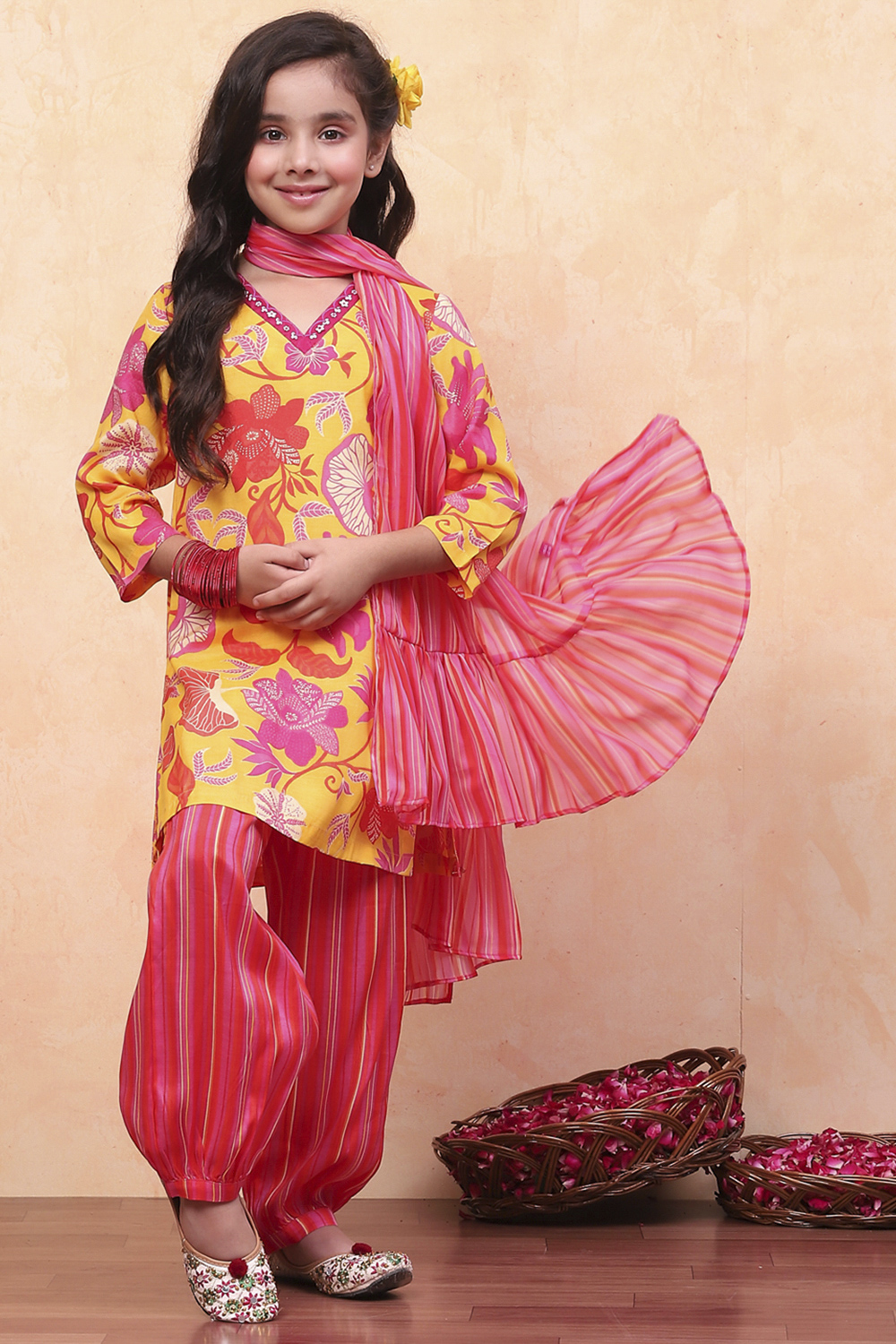 Yellow-Pink Viscose Blend Straight Suit Set image number 0