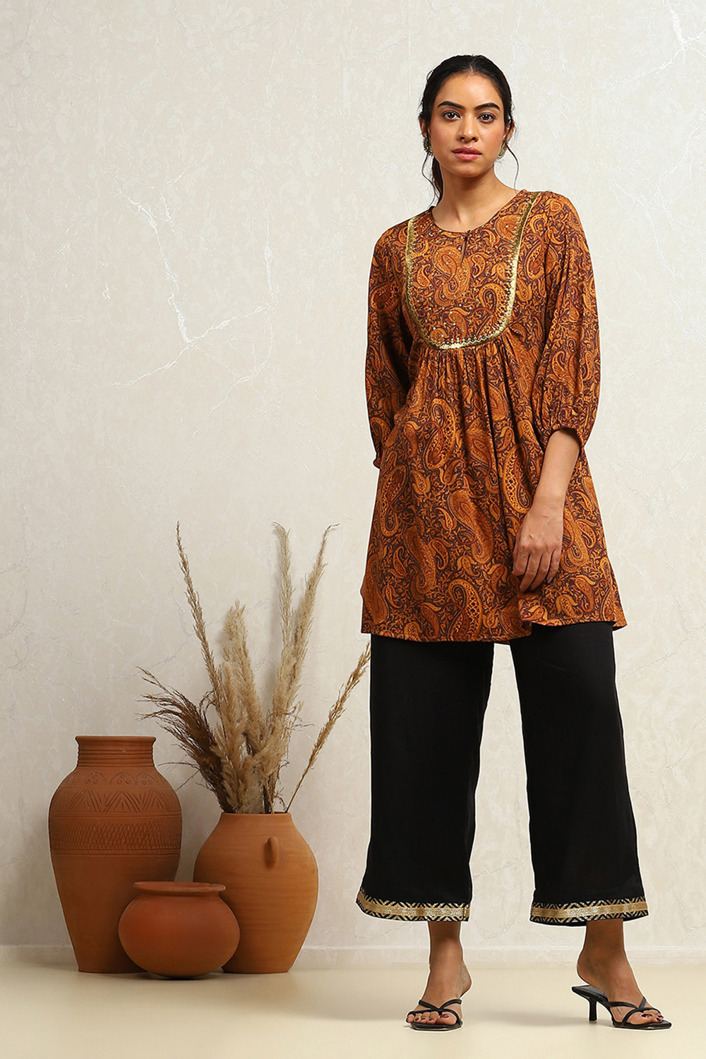 Mustard Yellow Cotton Paisley Printed A-line Kurti image number 0