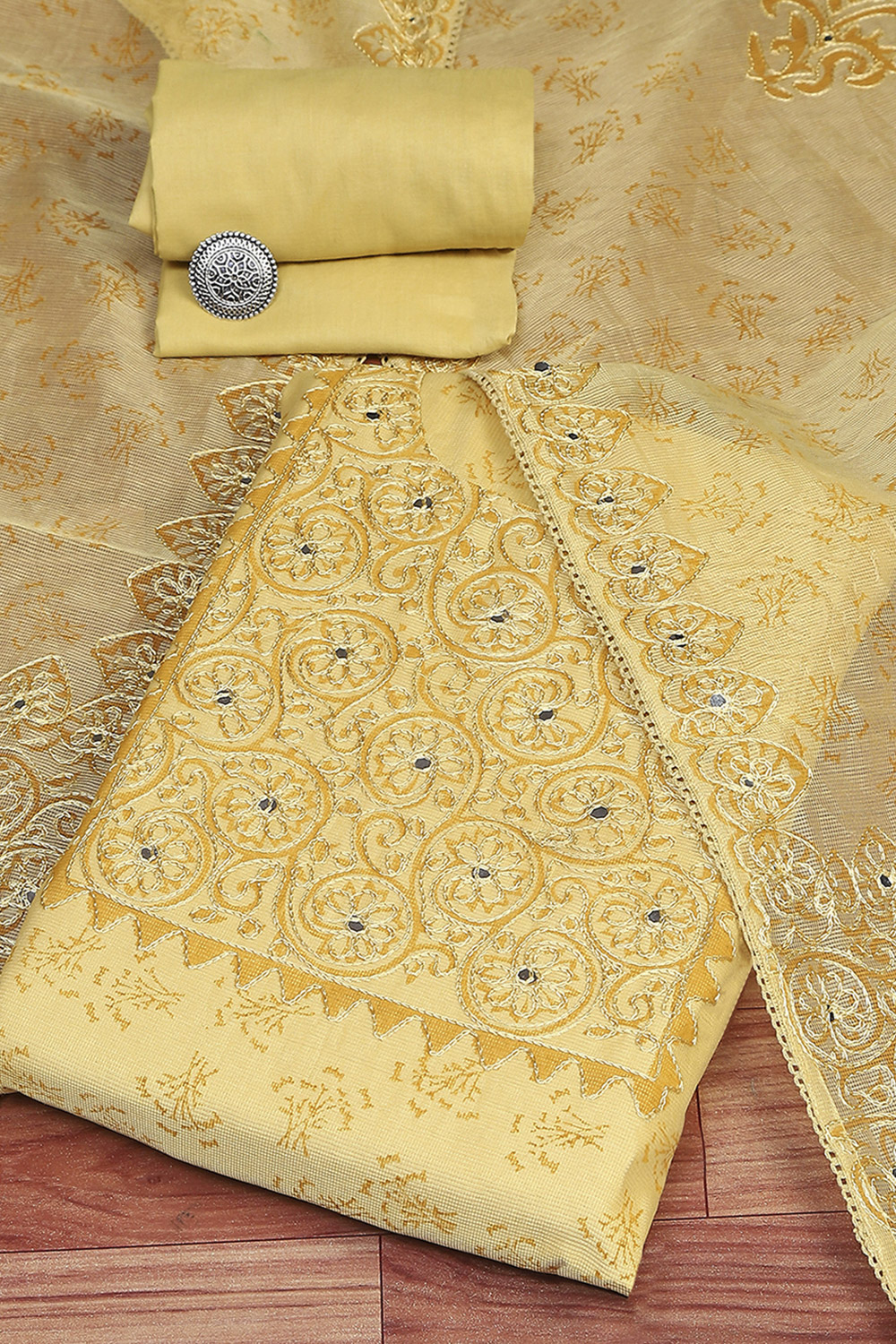 Mustard Net Hand Embroidered Unstitched Suit Set image number 0