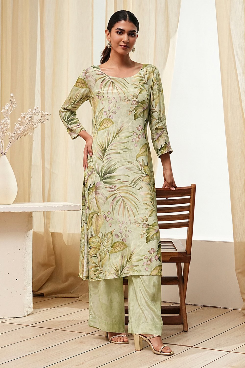 Green Modal Floral Printed Straight Kurta Set image number 7