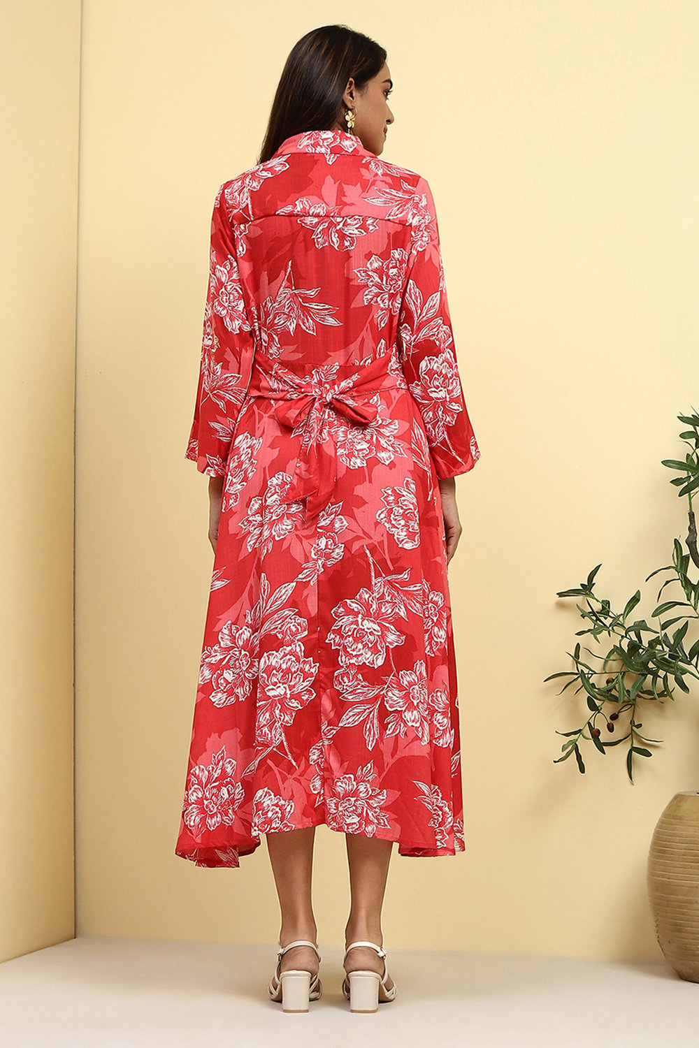 Blue Floral Printed Shirt Style A-line Dress image number 3