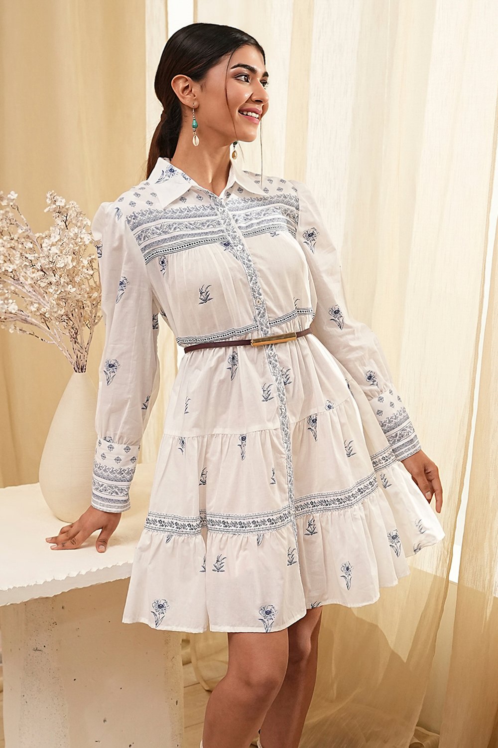 Off-White-Blue Cotton Tiered Printed Dress image number 5