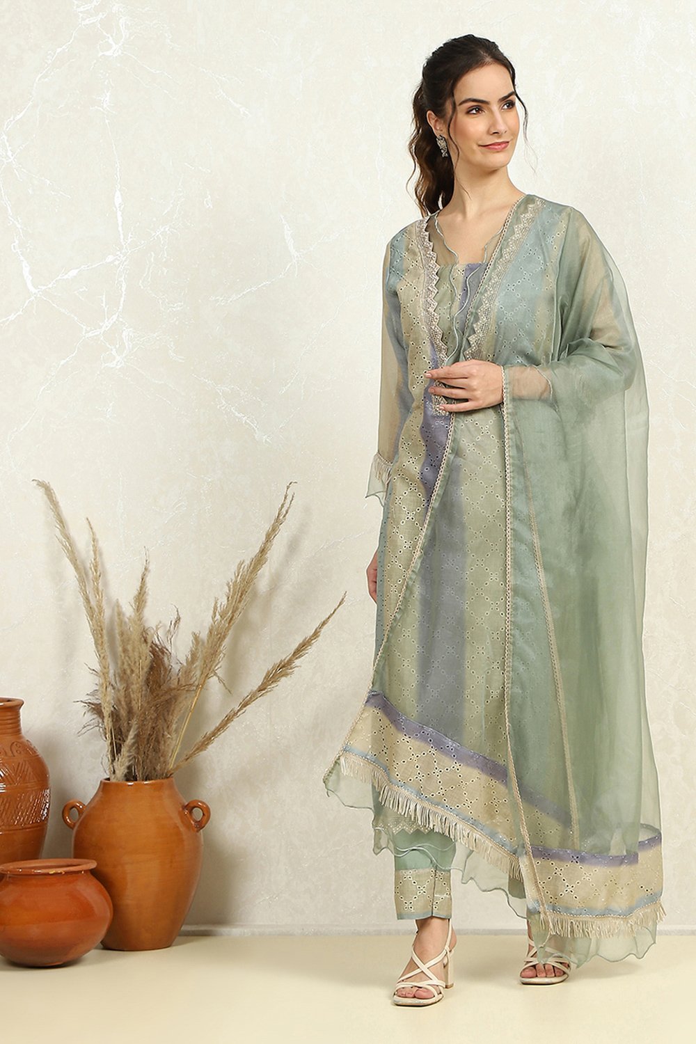 Green Cotton Blend Schiffly Unstitched Suit Set image number 1