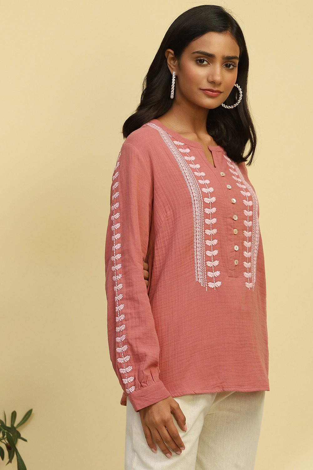 Dusky Pink Cotton Embroidered Straight Top image number 5