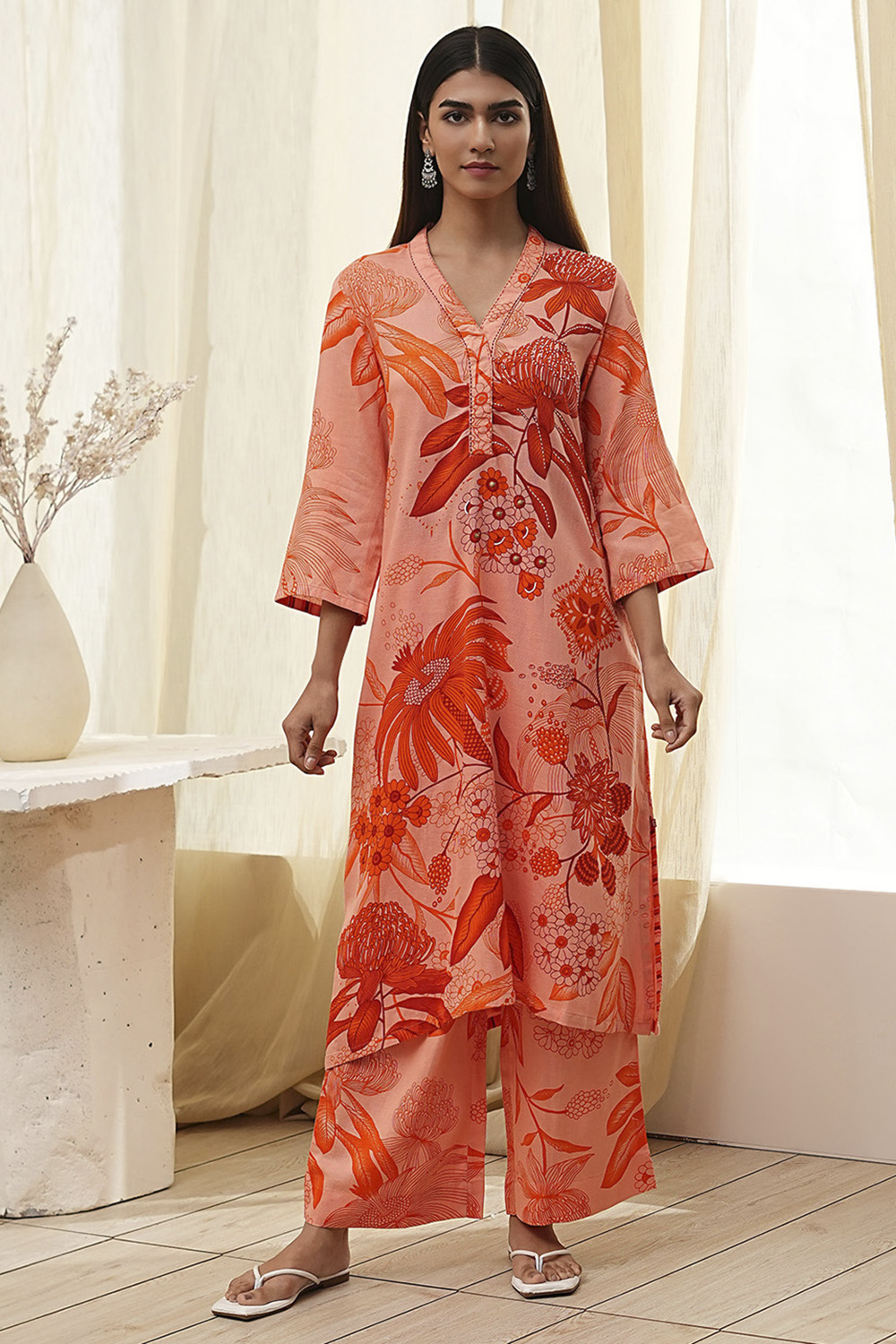 Peach Viscose Rayon Straight Suit Set image number 6