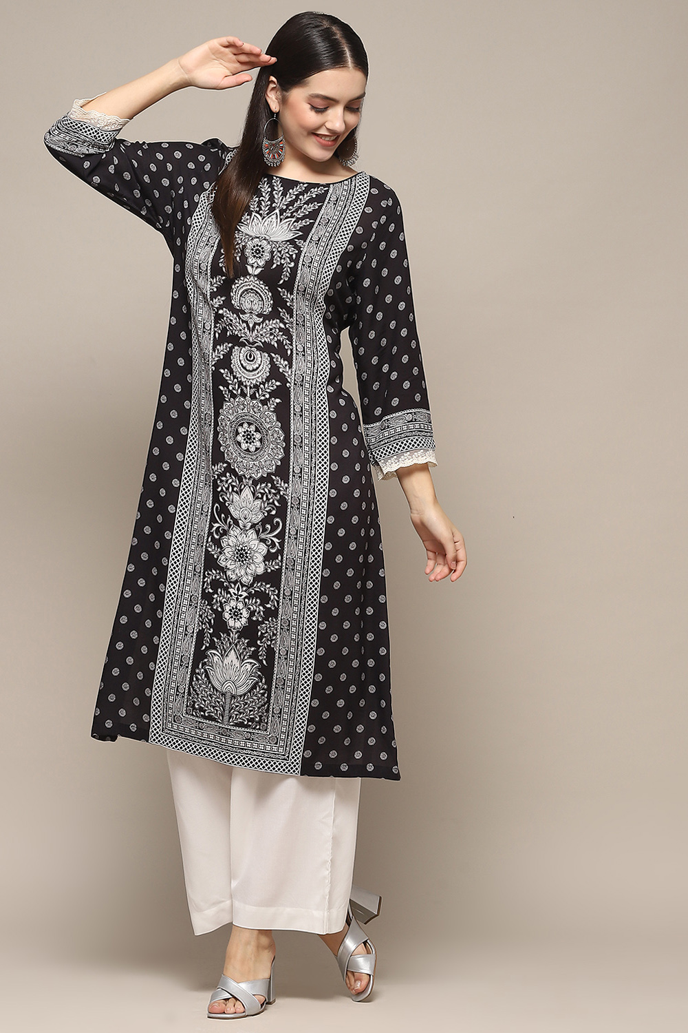 Black & White Printed Straight Kurta image number 0