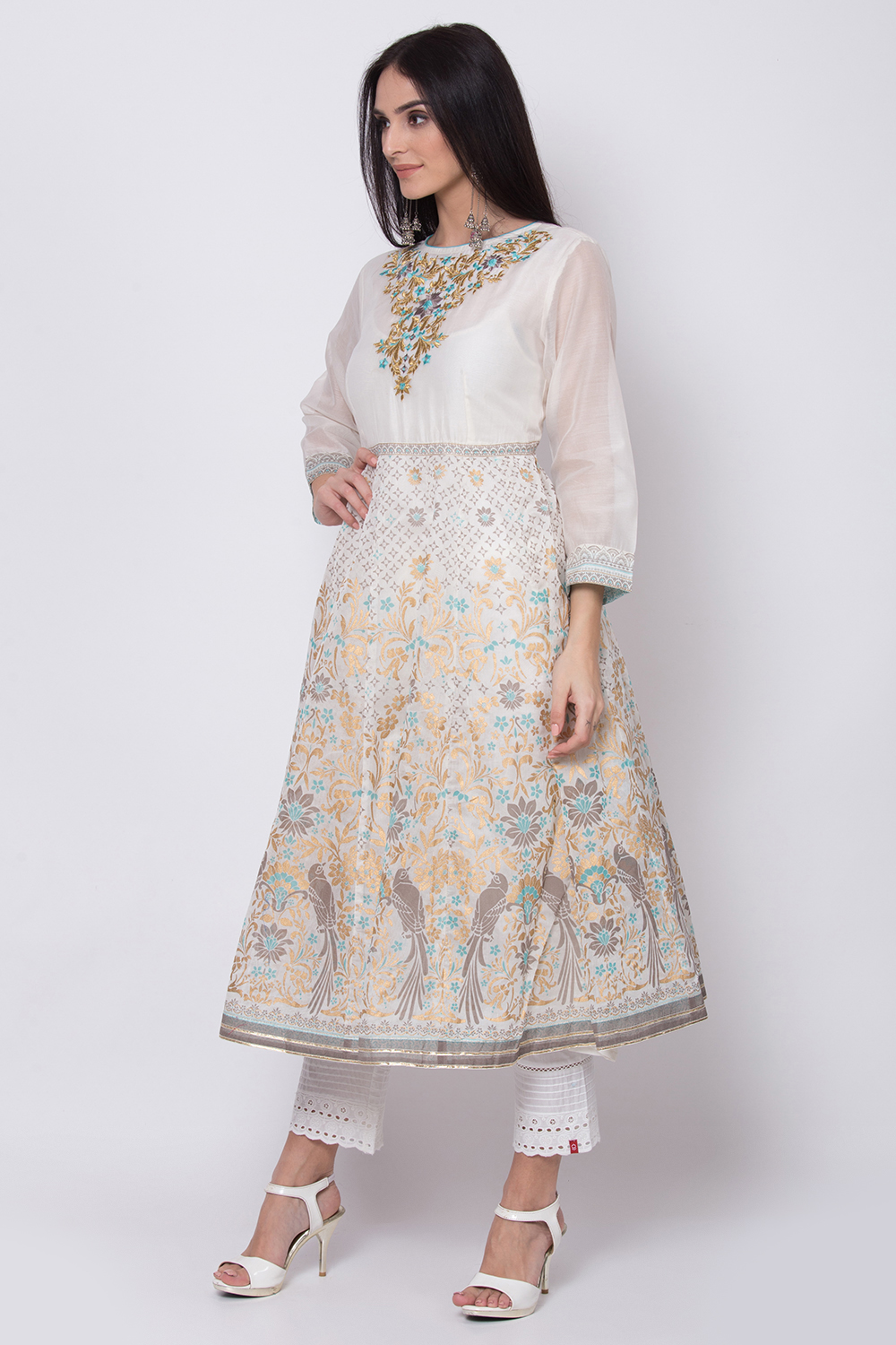 Off White Poly Cotton Anarkali Printed Kurta image number 2