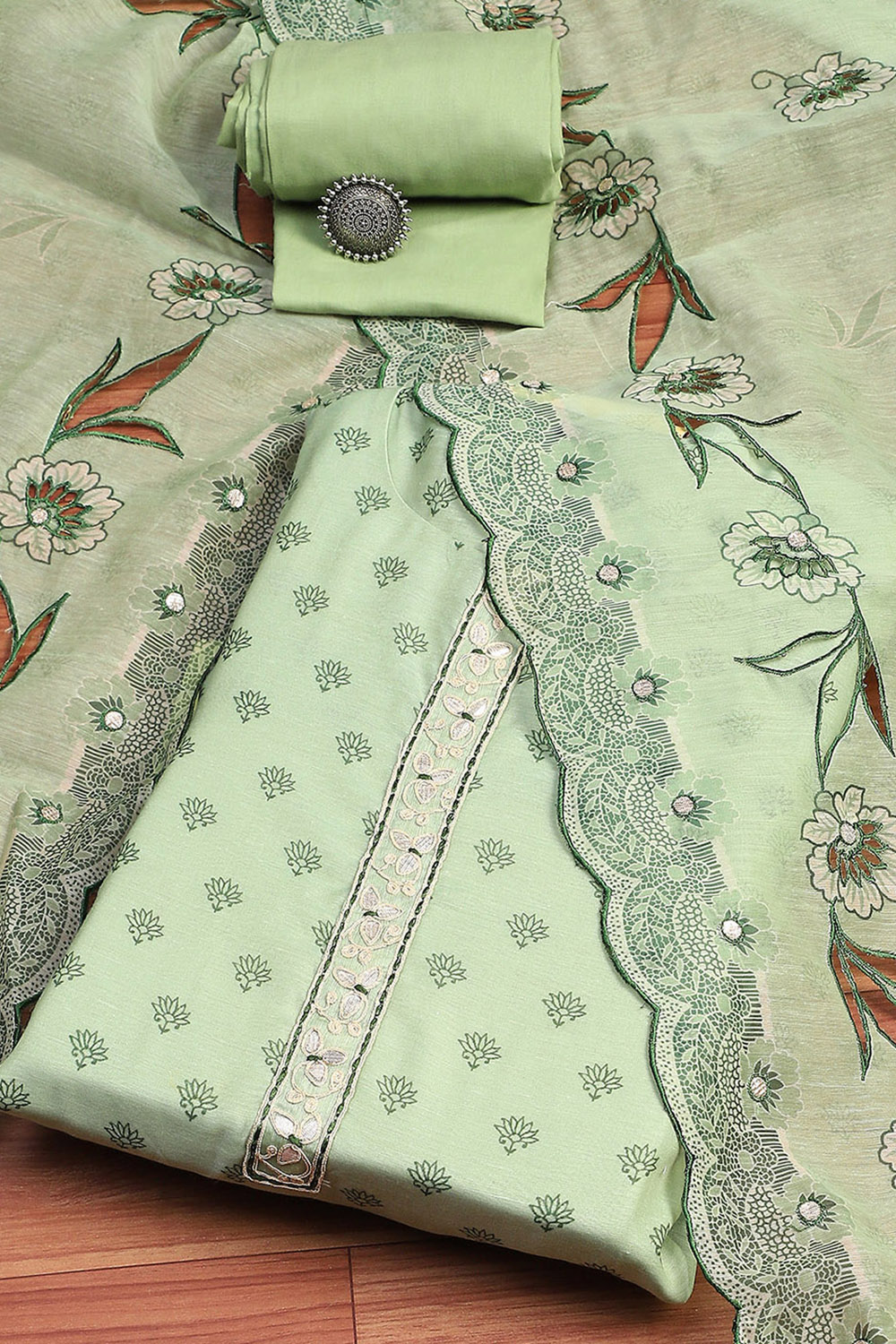 Light Green Chanderi Floral Printed Unstitched Suit Set image number 0