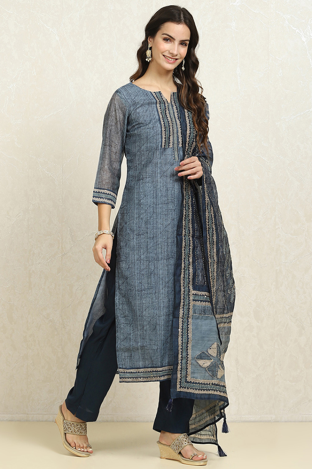 Grey Chanderi Blend Hand Embroidered Unstitched Suit Set image number 6