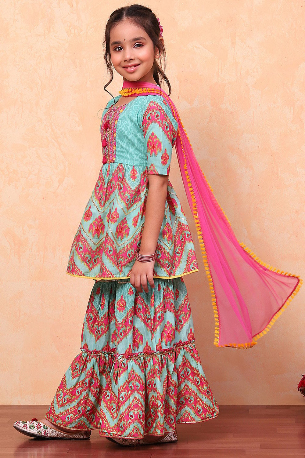 Turquoise Cotton Ikat Printed Peplum Flared Suit Set image number 4