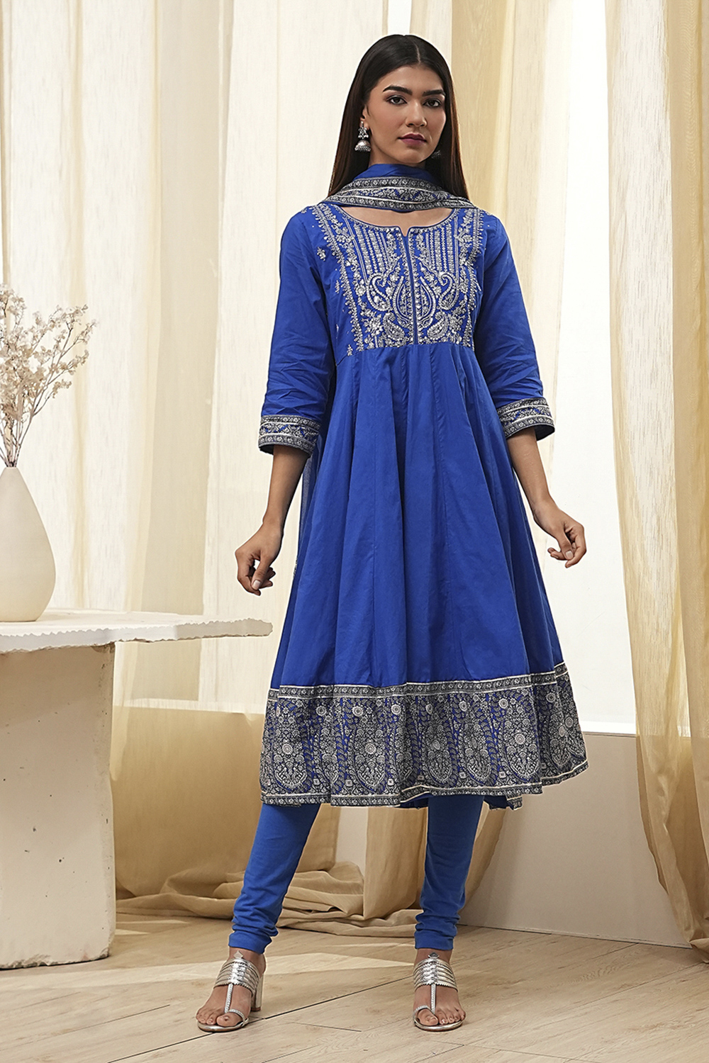 Blue Cotton Embroidered Anarkali Suit Set image number 6