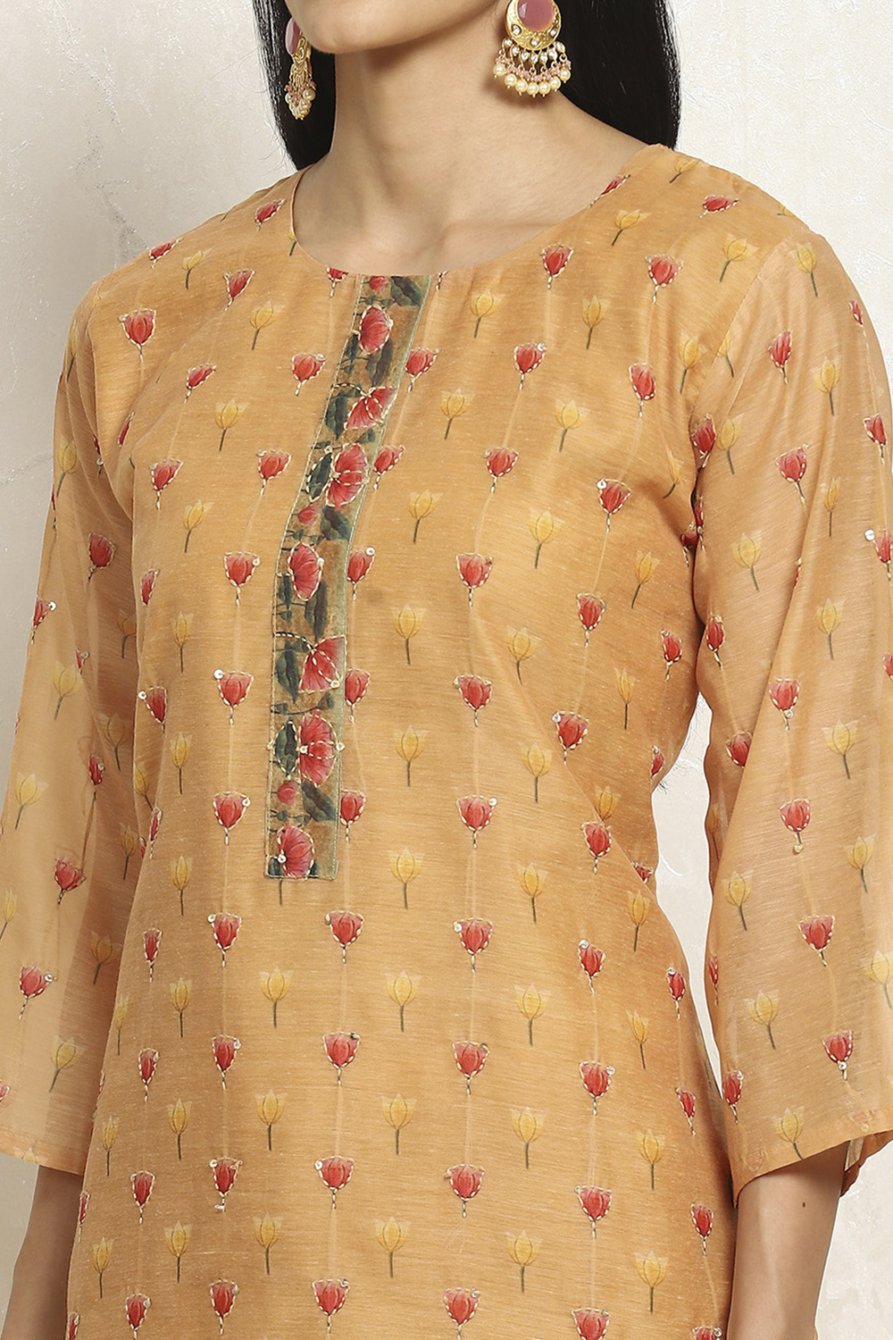 Dull Yellow Chanderi Floral Katha Work Unstitched Suit Set image number 2