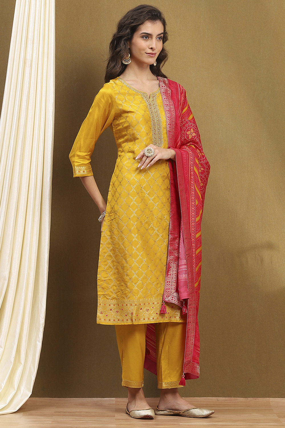 Mustard Yellow Viscose Blend Yarn Dyed Straight Suit Set image number 5