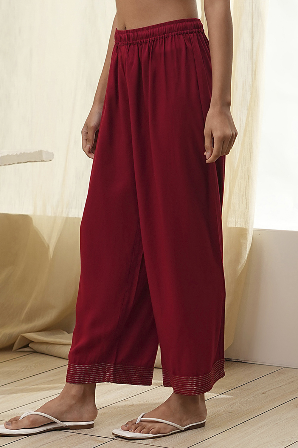 Red Viscose Rayon Solid Straight Palazzo image number 2