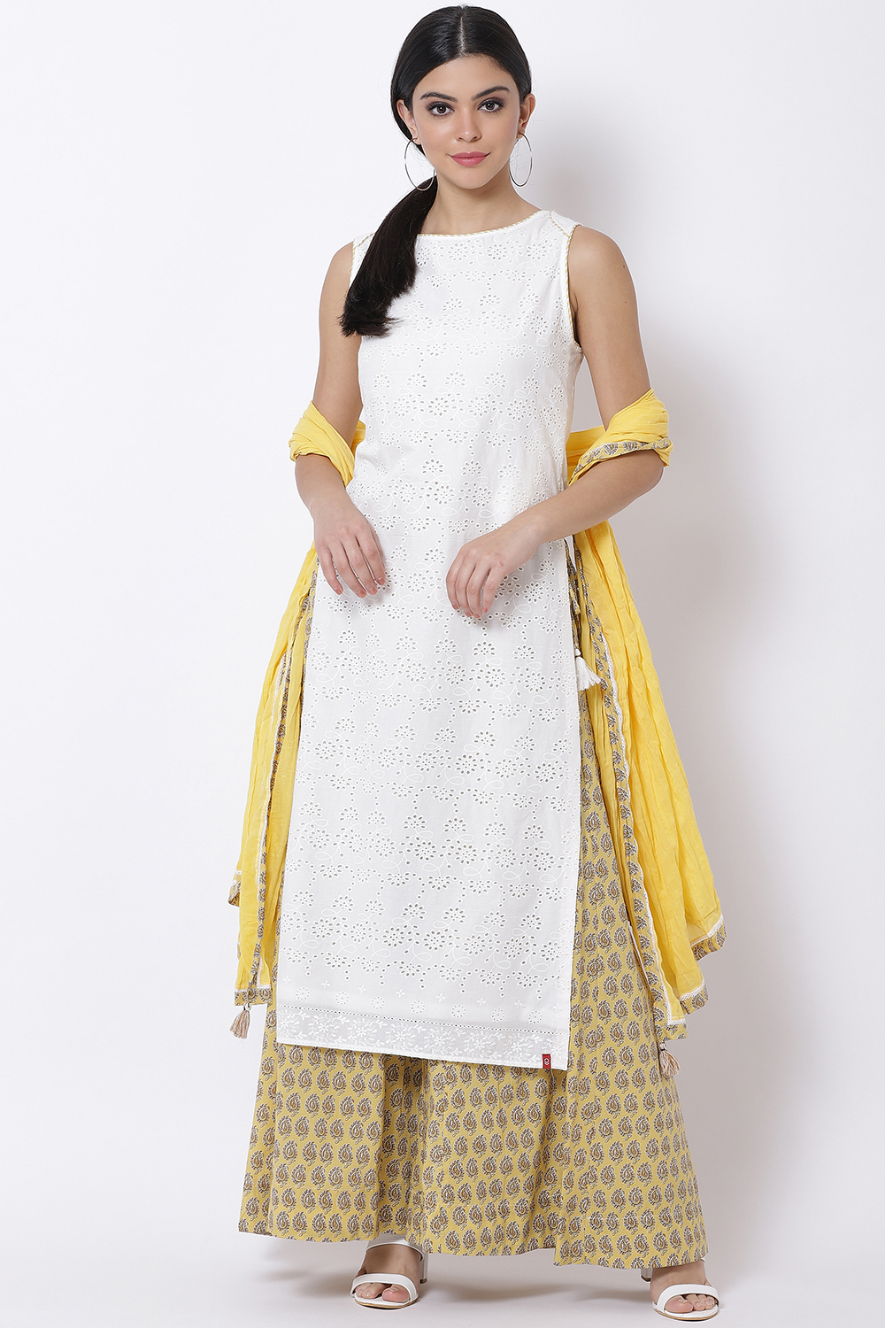 White Cotton Straight Kurta Sharara Suit Set image number 0