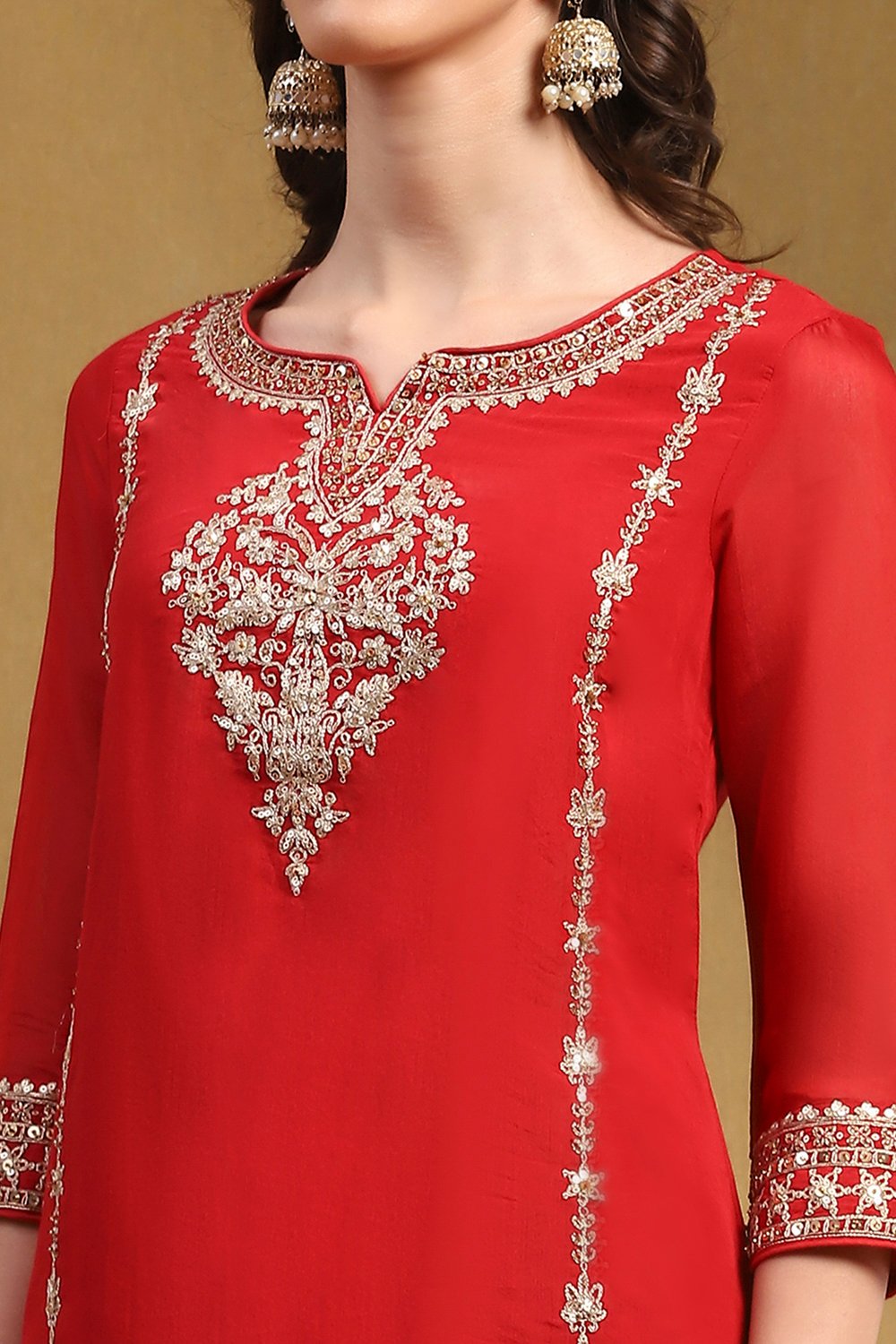 Red Embroidered Festive Straight Suit Set image number 1