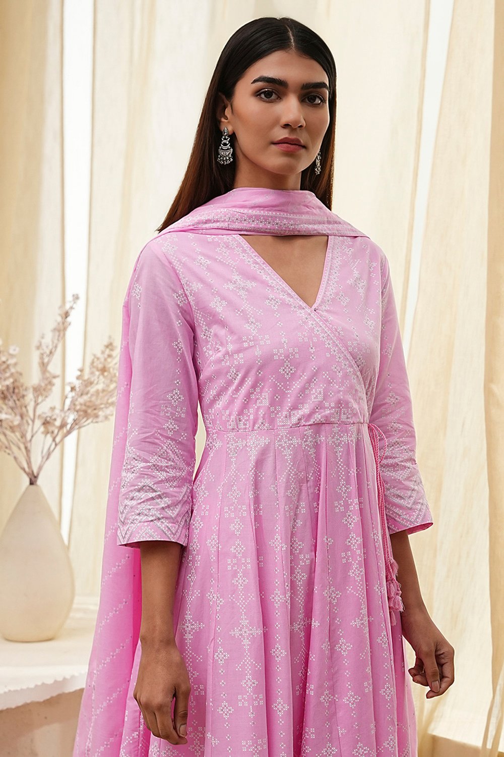 Off-White and Pink Cotton Anarkali Suit Set image number 1