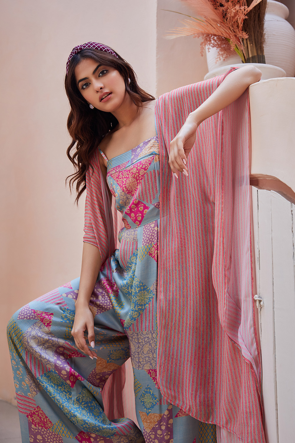 Blue & Pink Printed Jumpsuit with Shrug image number 0