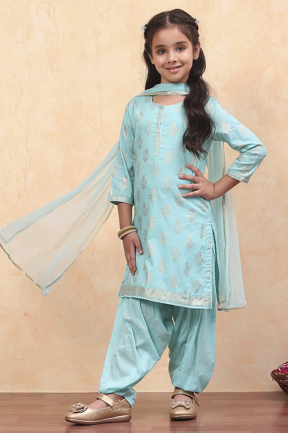 Turquoise Cotton Straight Printed Kurta Patiala Salwar Suit Set image number 0