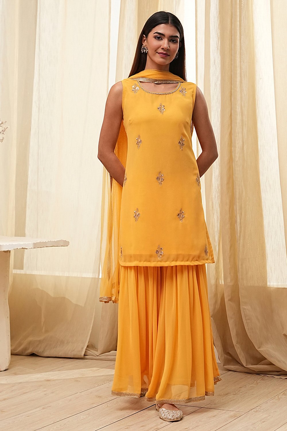 Ochre Yellow Embroidered Straight Suit Set image number 6