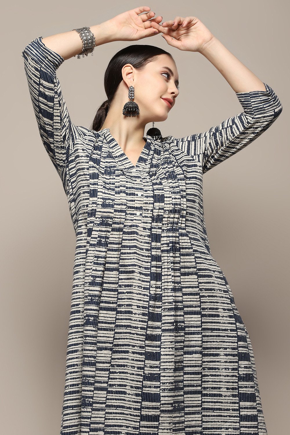 Midnight Blue Cotton Geometric Printed A-line Kurta image number 1