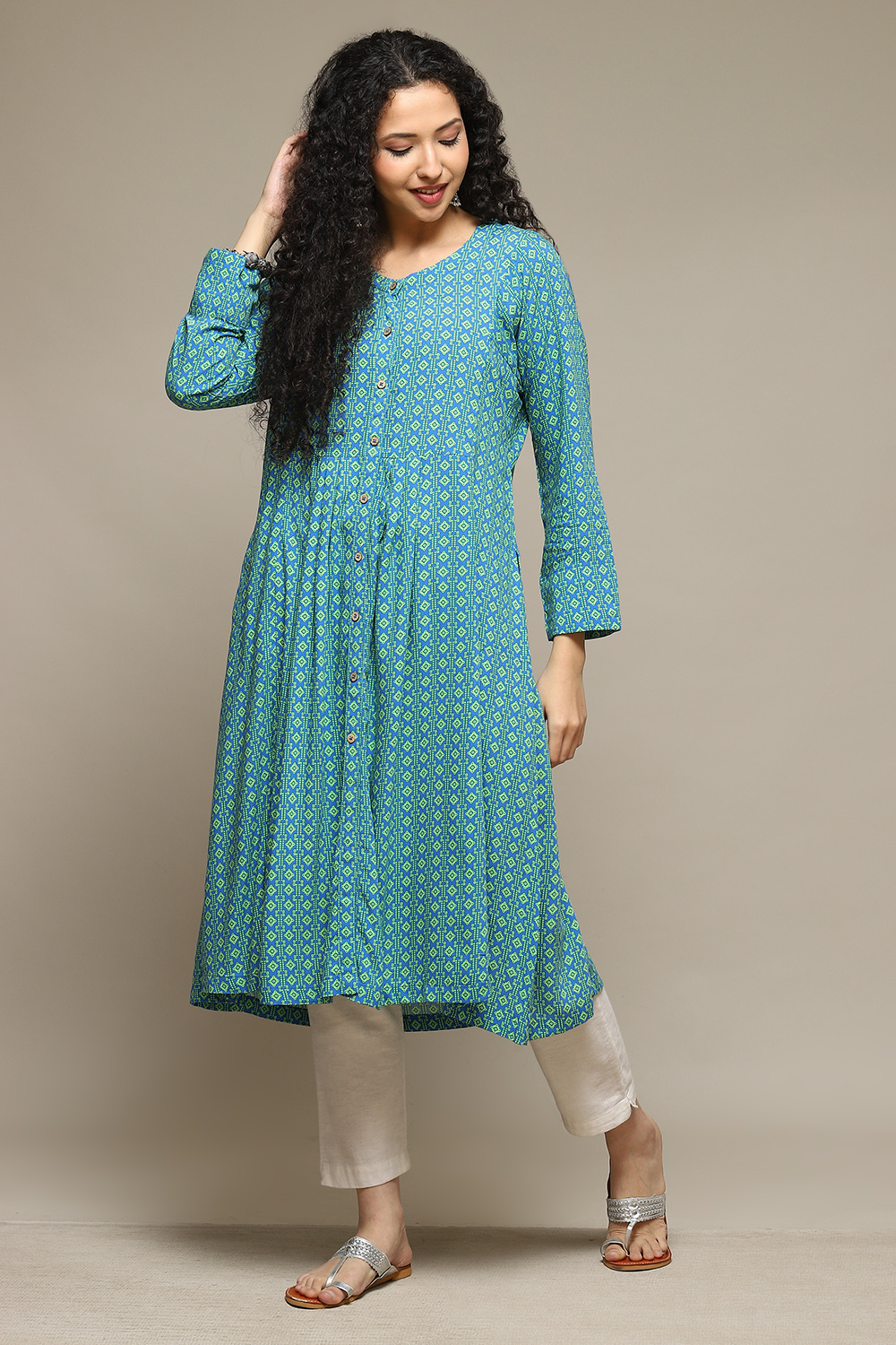 Blue Rayon Flared Printed Kurta image number 0