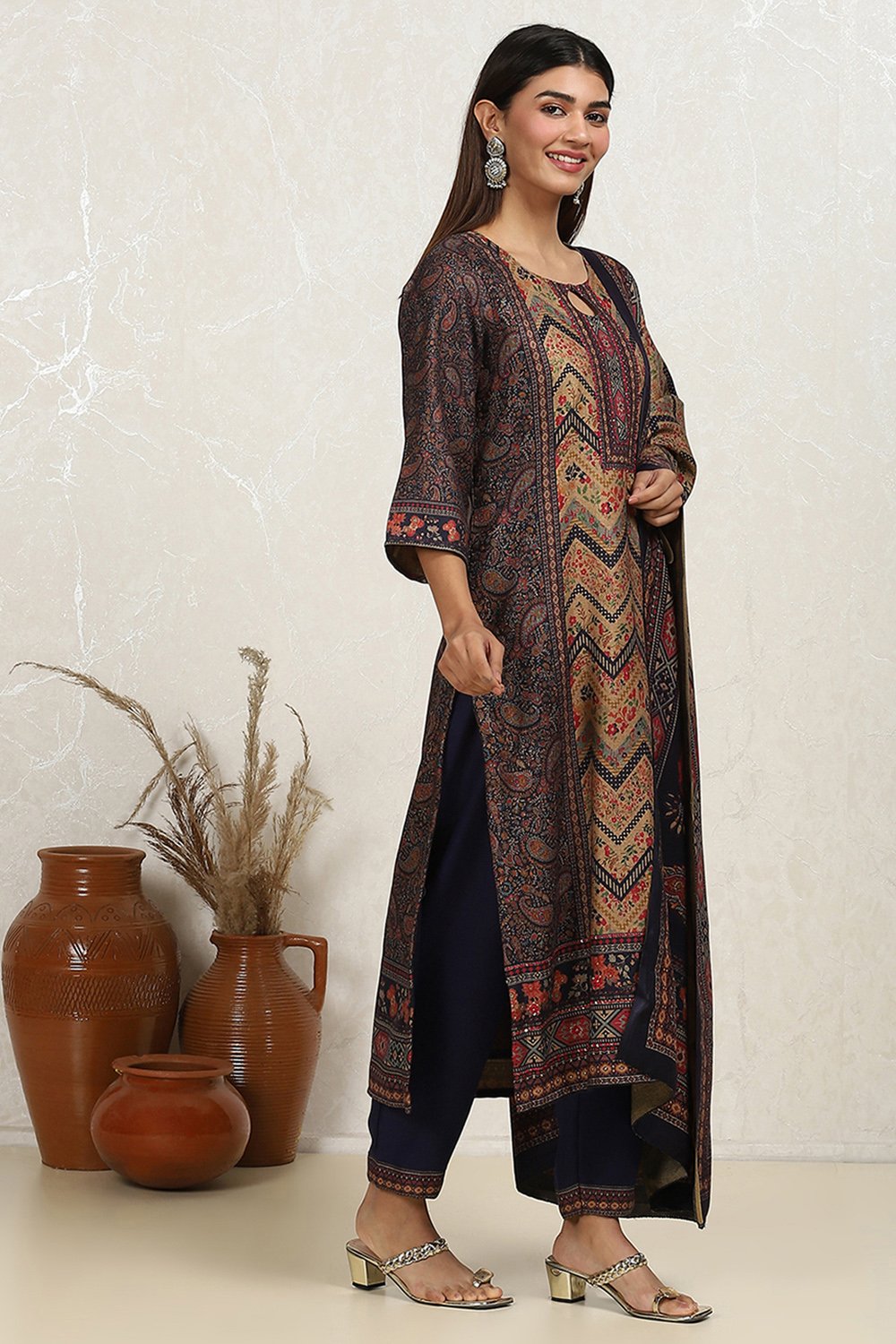 Navy Blue Pashmina Machine Embroidery Unstitched Suit Set image number 5