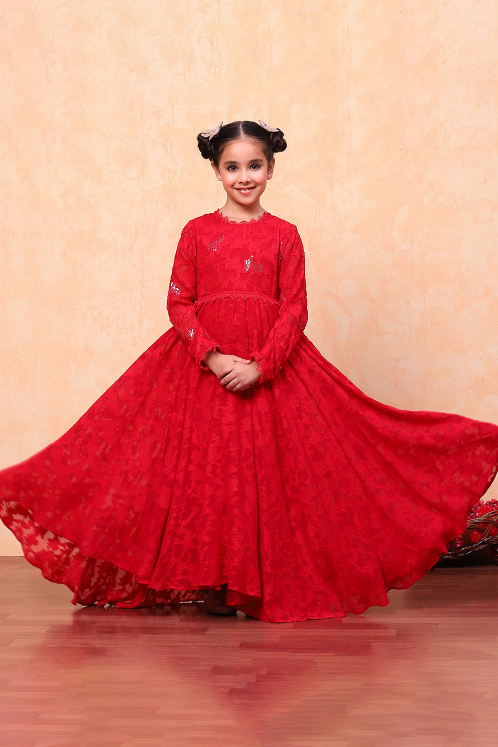 Red Jacquard Floral Self-Design Gathered Festive Gown image number 0