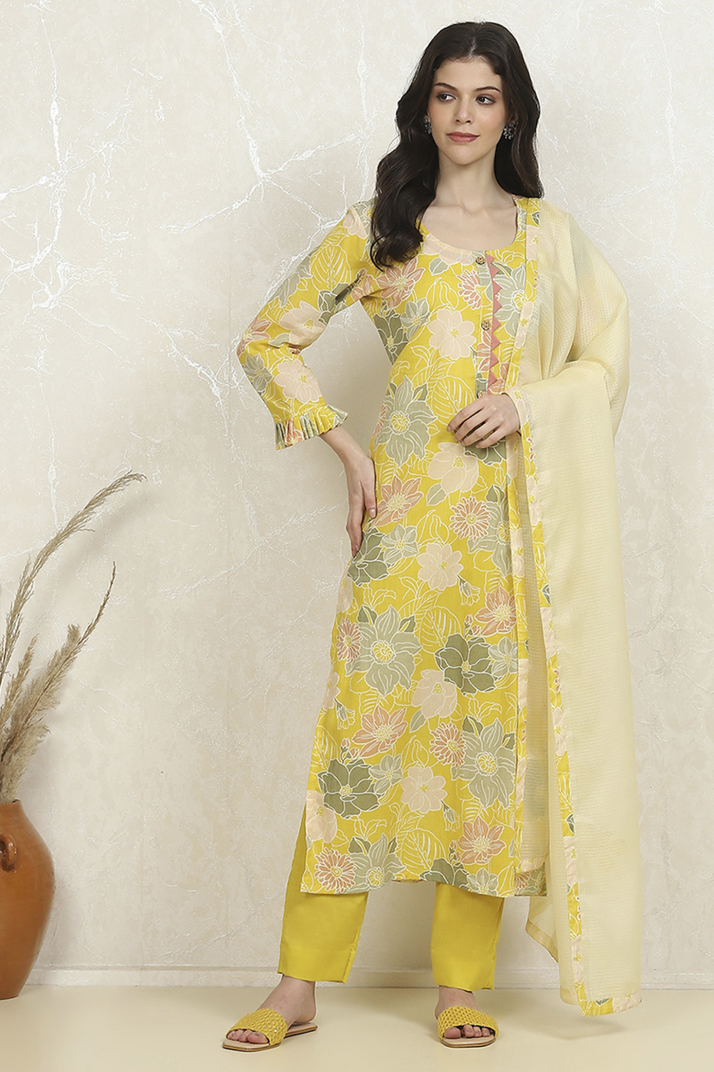 Yellow Cotton Printed Unstitched Suit Set image number 7