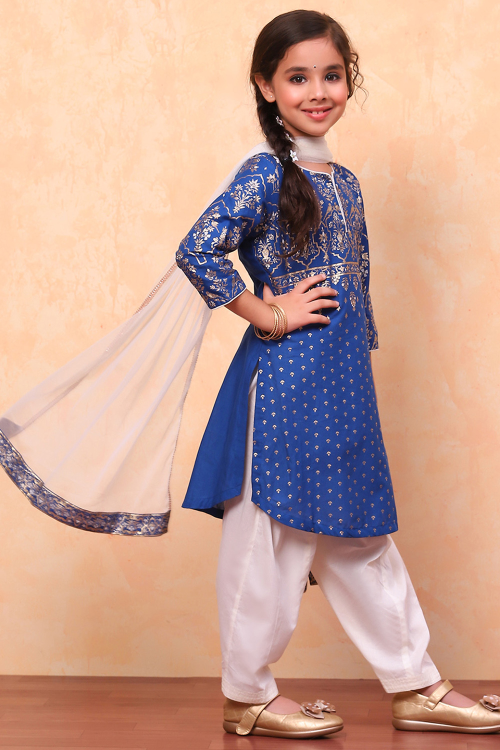 Blue and White Cotton Printed Straight Suit Set image number 3