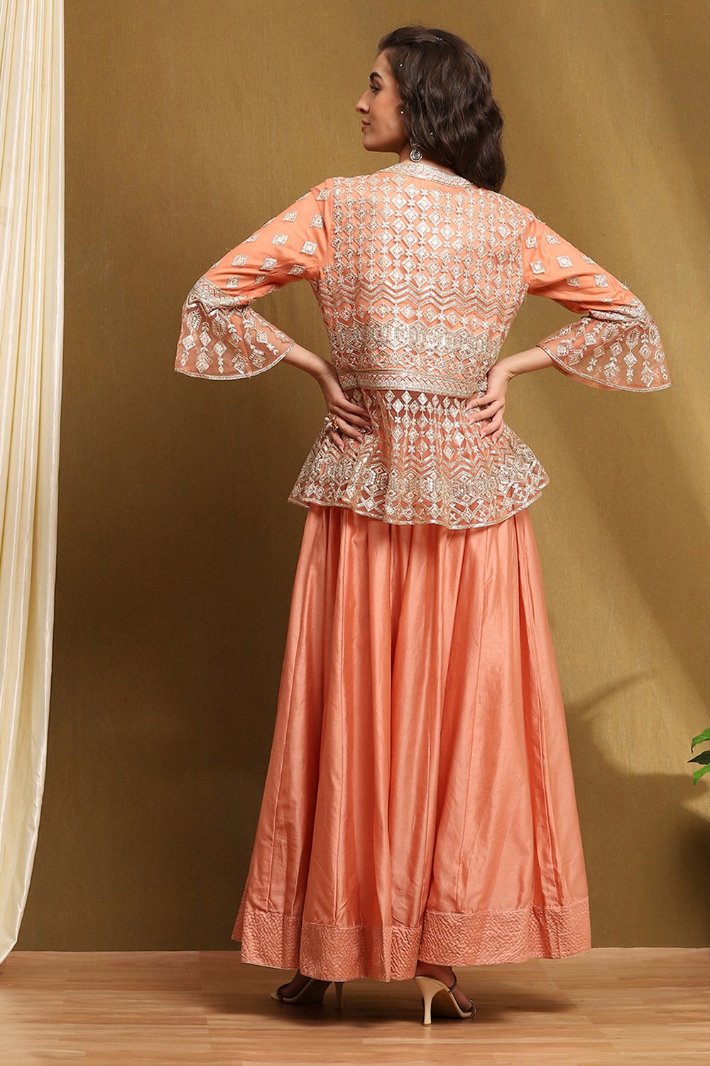 Peach Net Embroidered Peplum Kurta Lehenga Set image number 4