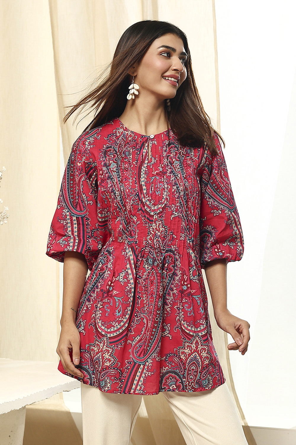 Magenta Cotton Regular Fit Printed Kurta image number 6