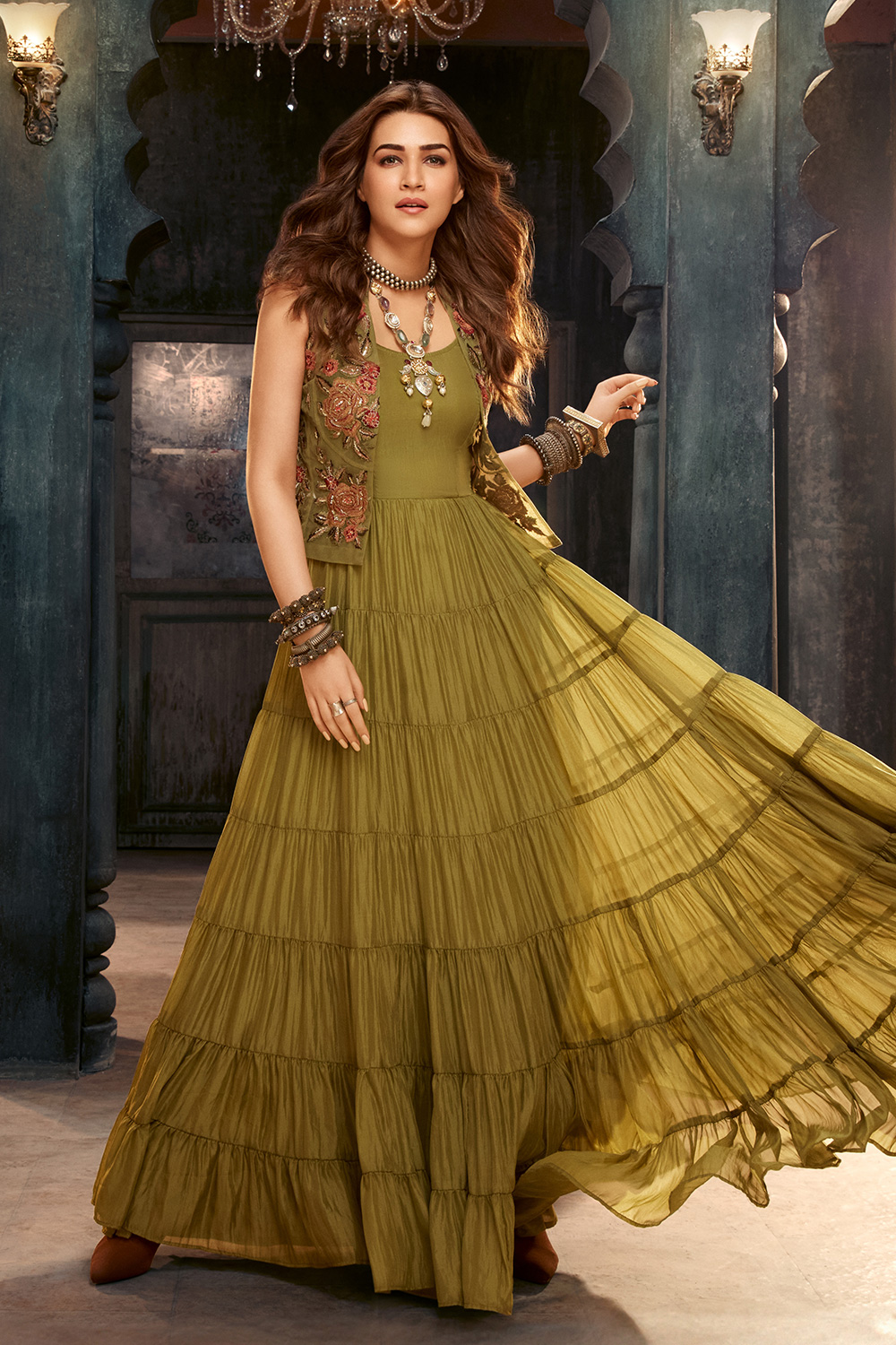 Green Georgette Festive Tiered Anarkali Dress image number 0