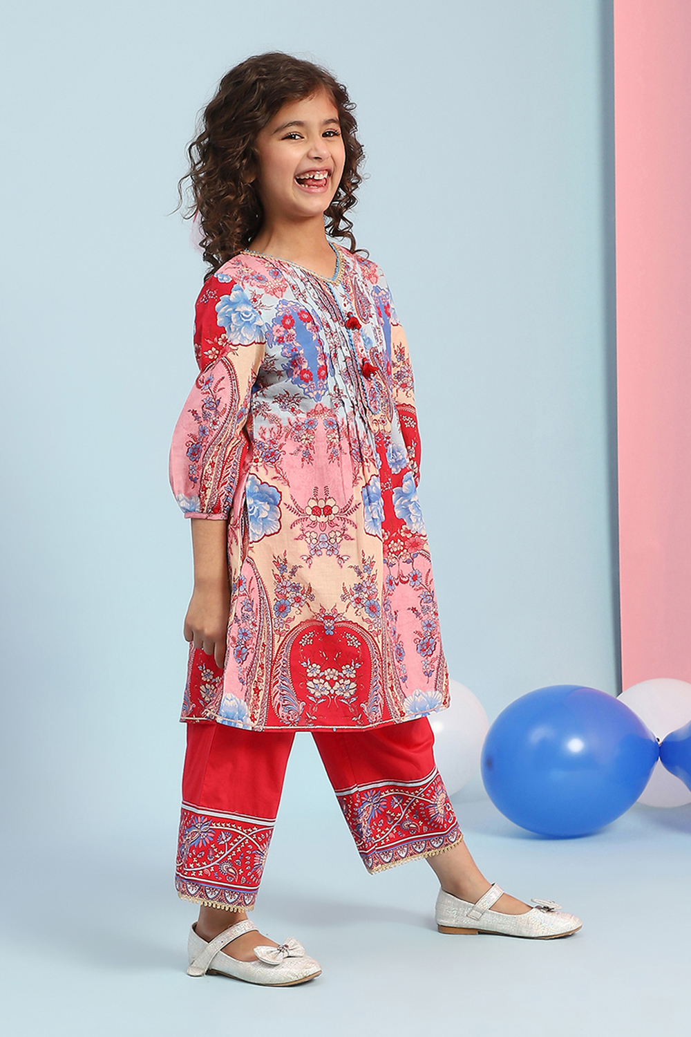 Pink and Blue Cotton Printed A-Line Kurta Set image number 0